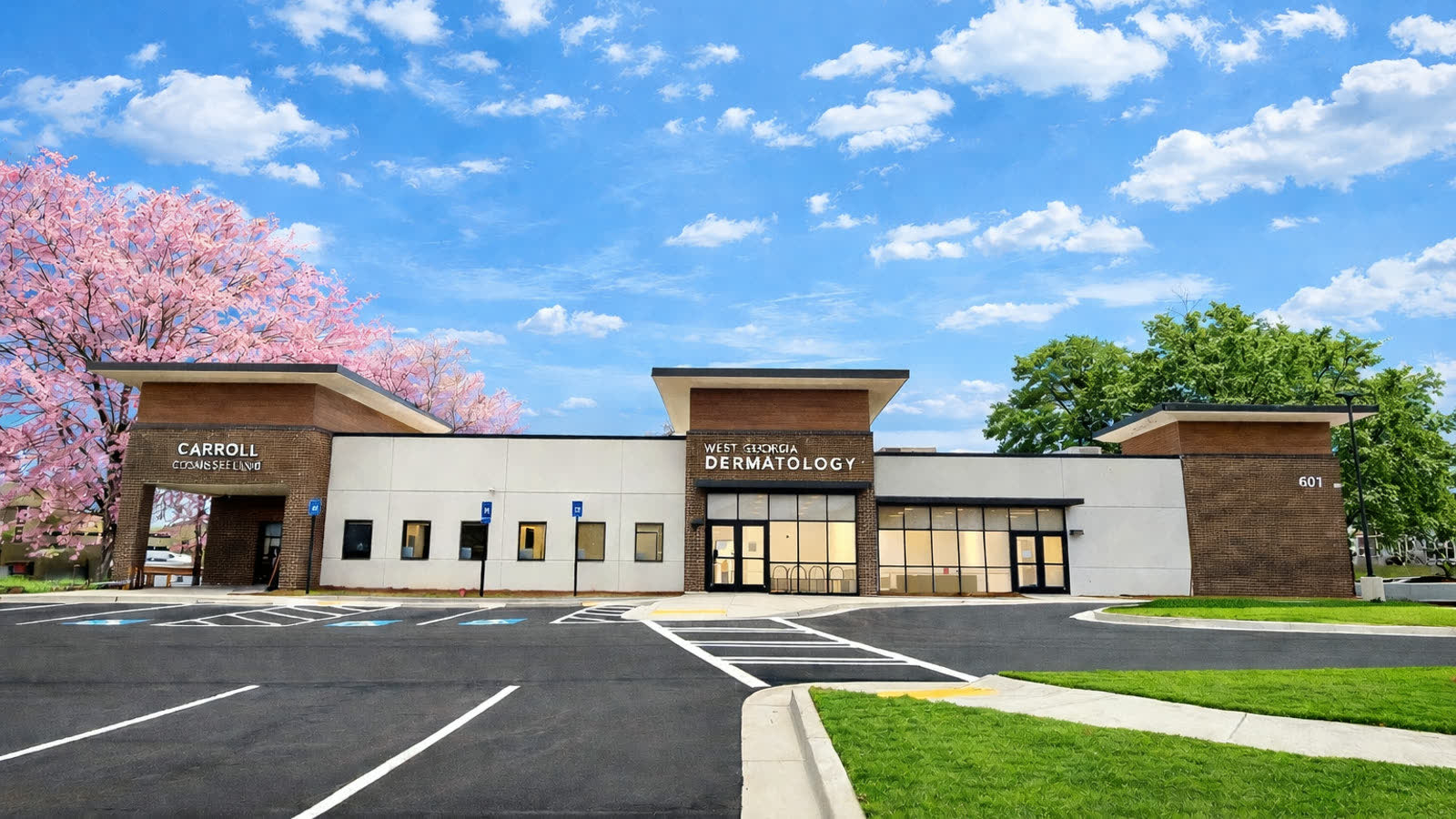 The Carrollton office in spring with the free parking lot in front. Park at the door for Carroll Cosmetic Club Carrollton