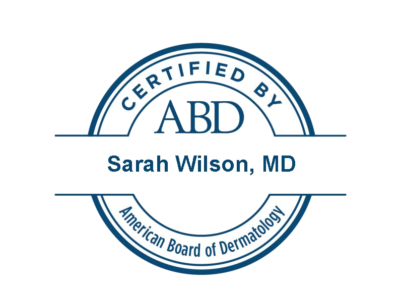 American Board of Dermatology certification badge for Sarah Wilson, MD